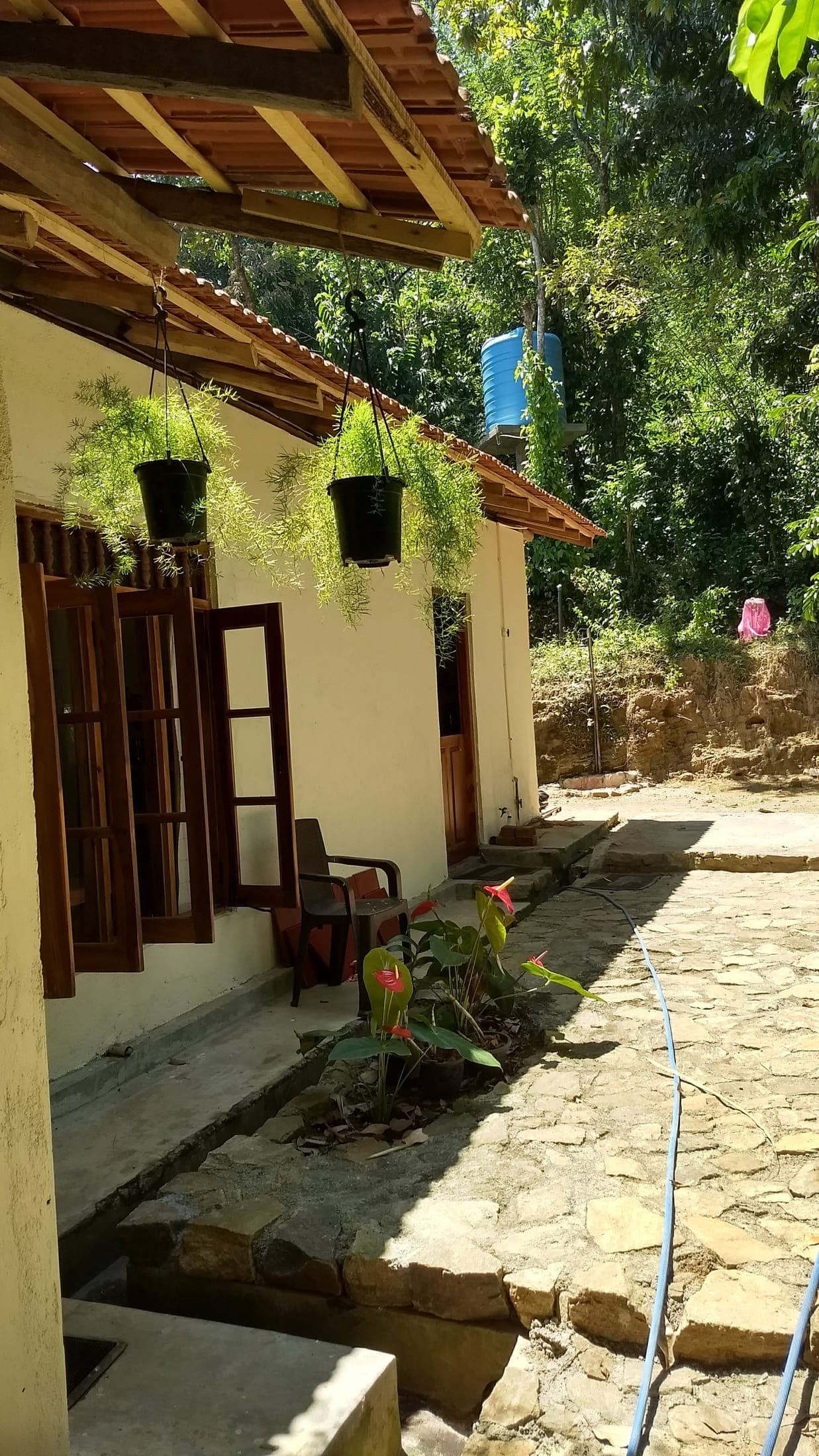 Paved path along the back of the cottage with hanging plants and wooden shutters